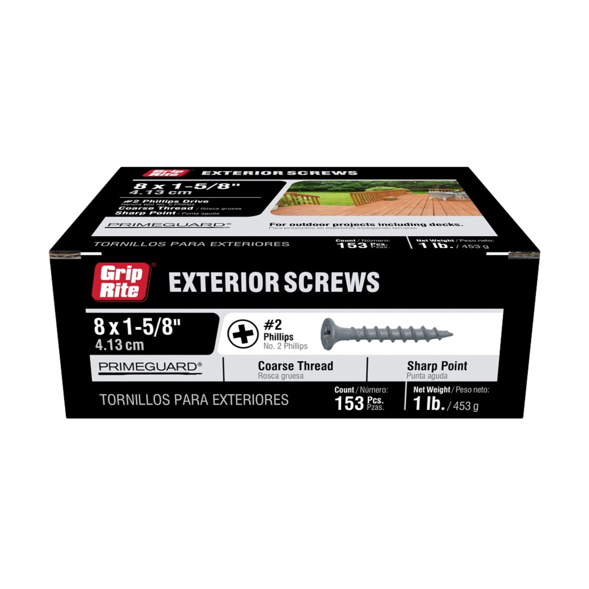 Image of a black box of GRIP-RITE PTN158S1 Deck Exterior Screws, ideal for outdoor projects. Includes #8 x 1-5/8 in. coarse thread screws with a sharp point and PrimeGuard coating, weighing 1 lb. Comes with 153 pieces and features a #2 Phillips Bugle Head design. From Grip-Rite brand.
